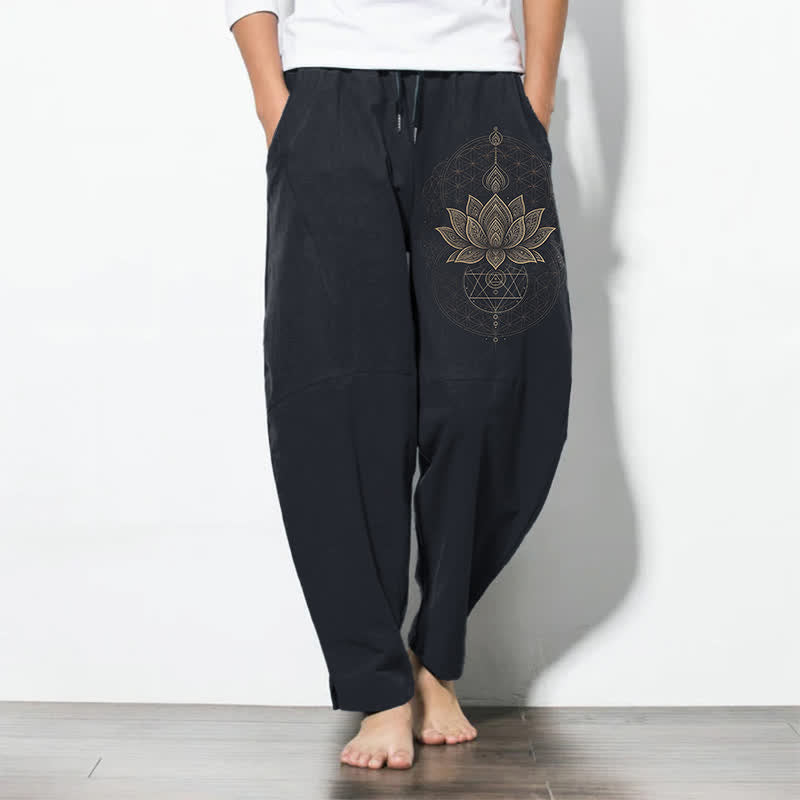 Buddha Stones Pantalon fuselé pour homme en pur coton avec cordon de serrage et poches, motif géométrique lotus mandala. - Marine - US/UK/AU50，EU60 (5XL) - image 11