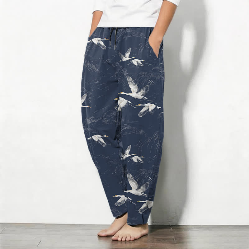Buddha Stones Pantalon fuselé pour homme en pur coton blanc à motif de pin grue, cordon de serrage et poches - image 1