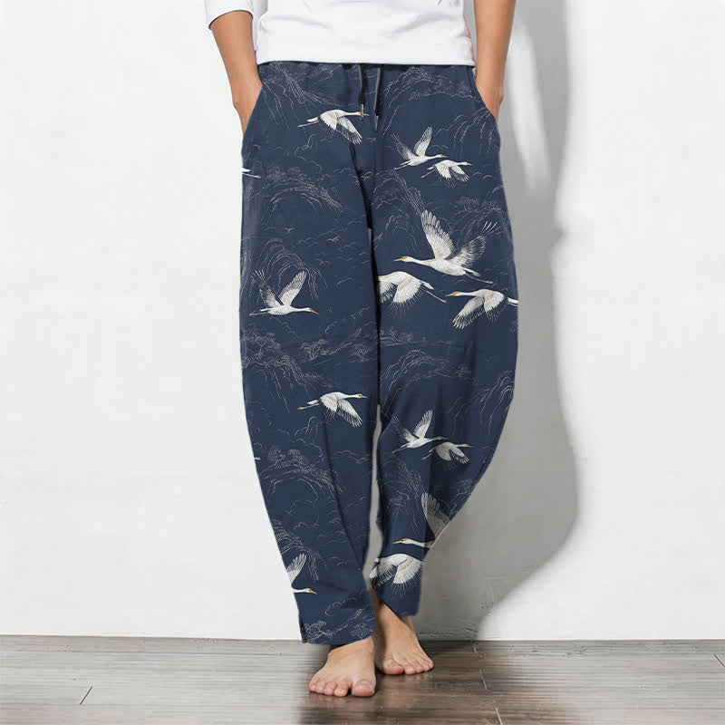 Buddha Stones Pantalon fuselé pour homme en pur coton blanc à motif de pin grue, cordon de serrage et poches - Bleu nuit - US/UK/AU50，EU60 (5XL) - image 0