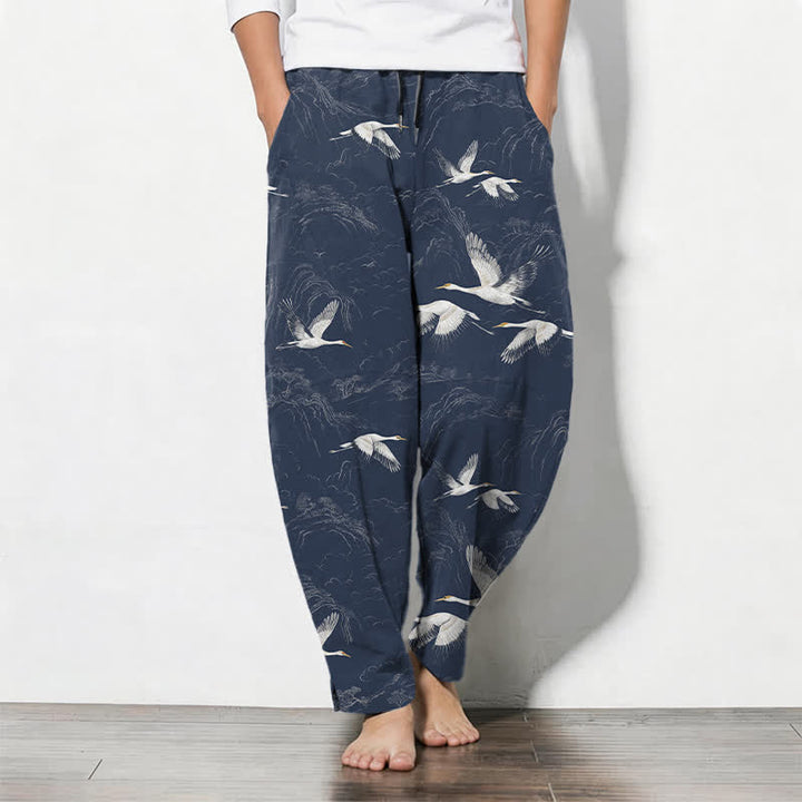 Buddha Stones Pantalon fuselé pour homme en pur coton blanc à motif de pin grue, cordon de serrage et poches - Bleu nuit - US/UK/AU50，EU60 (5XL) - image 0