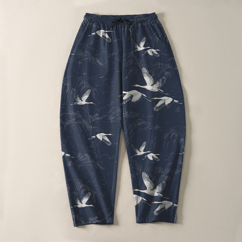 Buddha Stones Pantalon fuselé pour homme en pur coton blanc à motif de pin grue, cordon de serrage et poches - image 2