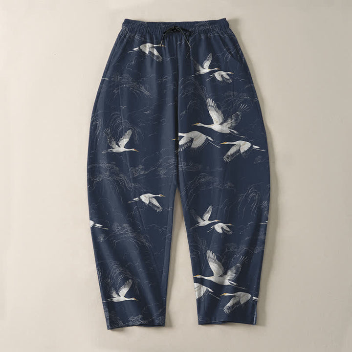 Buddha Stones Pantalon fuselé pour homme en pur coton blanc à motif de pin grue, cordon de serrage et poches - image 2
