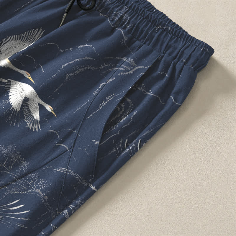 Buddha Stones Pantalon fuselé pour homme en pur coton blanc à motif de pin grue, cordon de serrage et poches - image 4
