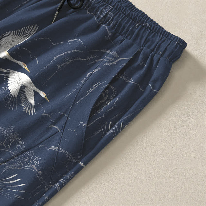 Buddha Stones Pantalon fuselé pour homme en pur coton blanc à motif de pin grue, cordon de serrage et poches - image 4