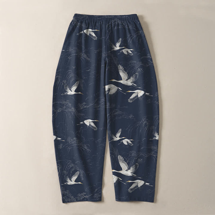 Buddha Stones Pantalon fuselé pour homme en pur coton blanc à motif de pin grue, cordon de serrage et poches - image 3