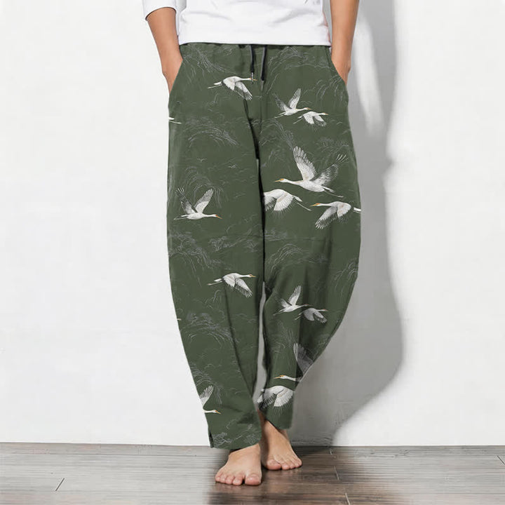 Buddha Stones Pantalon fuselé pour homme en pur coton blanc à motif de pin grue, cordon de serrage et poches - Vert olive foncé - US/UK/AU50，EU60 (5XL) - image 7