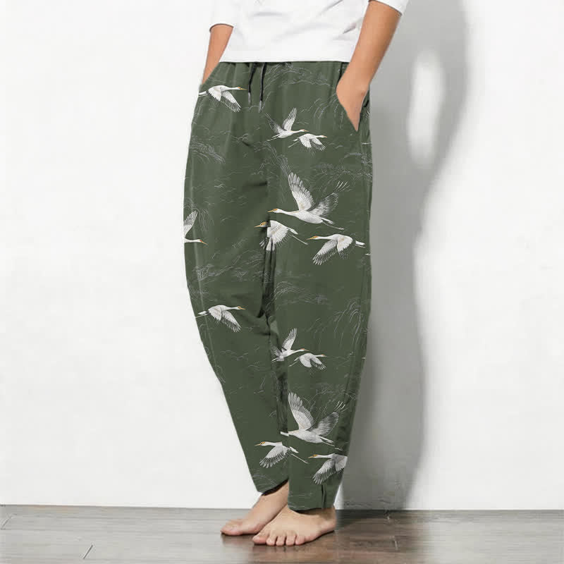 Buddha Stones Pantalon fuselé pour homme en pur coton blanc à motif de pin grue, cordon de serrage et poches - image 8