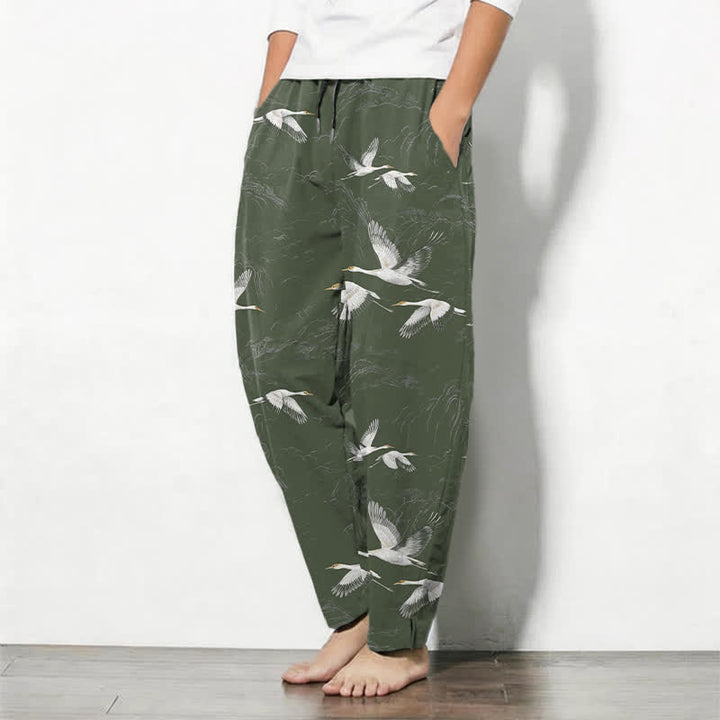 Buddha Stones Pantalon fuselé pour homme en pur coton blanc à motif de pin grue, cordon de serrage et poches - image 8