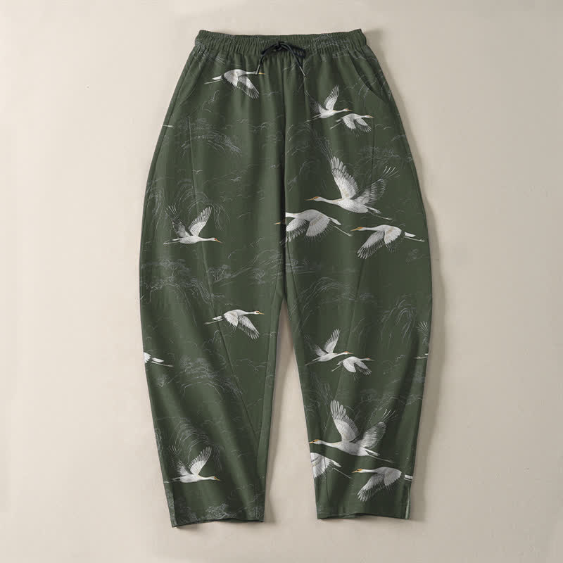 Buddha Stones Pantalon fuselé pour homme en pur coton blanc à motif de pin grue, cordon de serrage et poches - image 9