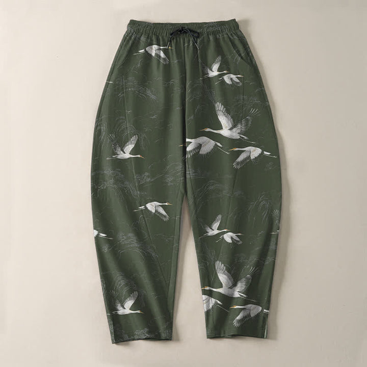 Buddha Stones Pantalon fuselé pour homme en pur coton blanc à motif de pin grue, cordon de serrage et poches - image 9