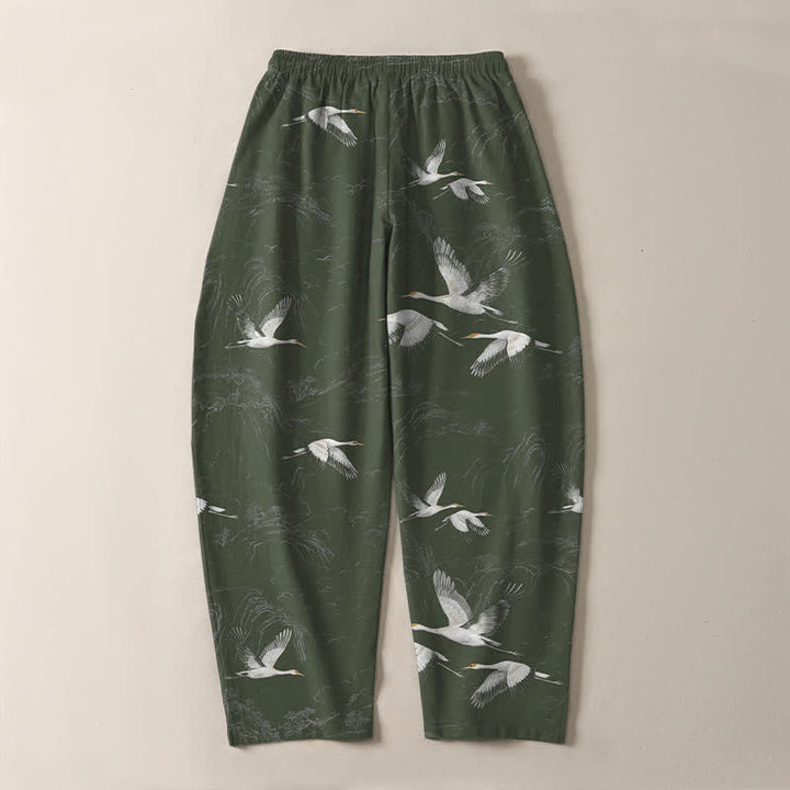 Buddha Stones Pantalon fuselé pour homme en pur coton blanc à motif de pin grue, cordon de serrage et poches - image 10