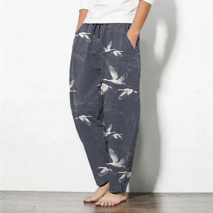 Buddha Stones Pantalon fuselé pour homme en pur coton blanc à motif de pin grue, cordon de serrage et poches - image 12