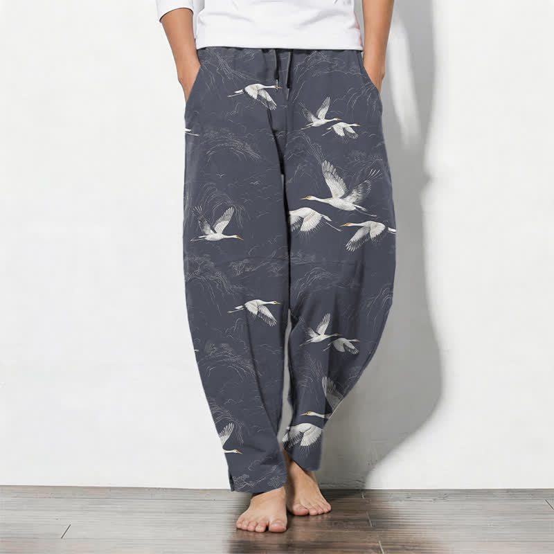 Buddha Stones Pantalon fuselé pour homme en pur coton blanc à motif de pin grue, cordon de serrage et poches - Gris ardoise - US/UK/AU50，EU60 (5XL) - image 11