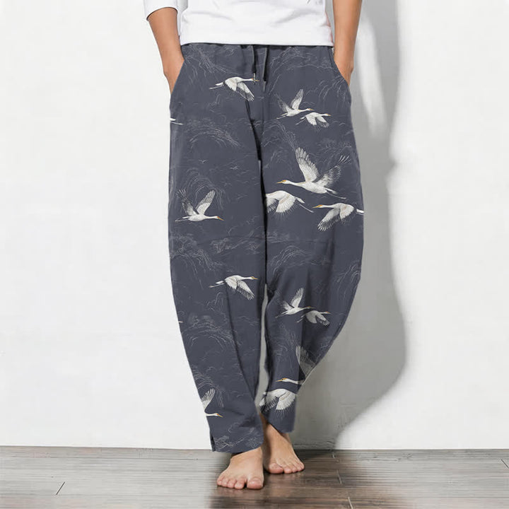 Buddha Stones Pantalon fuselé pour homme en pur coton blanc à motif de pin grue, cordon de serrage et poches - Gris ardoise - US/UK/AU50，EU60 (5XL) - image 11