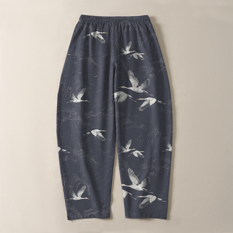 Buddha Stones Pantalon fuselé pour homme en pur coton blanc à motif de pin grue, cordon de serrage et poches - image 14