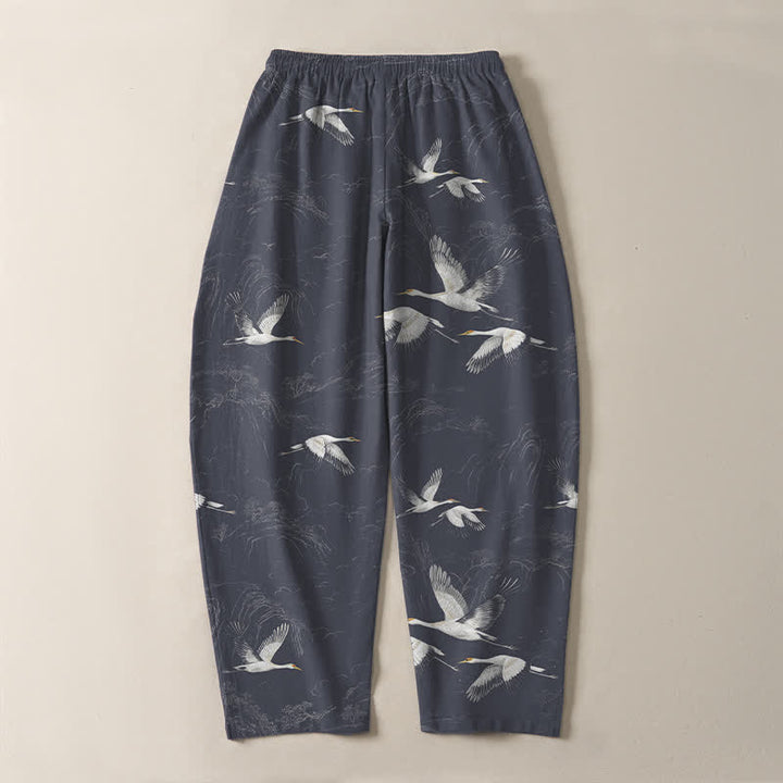 Buddha Stones Pantalon fuselé pour homme en pur coton blanc à motif de pin grue, cordon de serrage et poches - image 14
