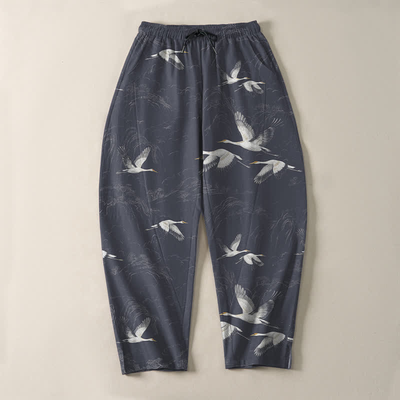 Buddha Stones Pantalon fuselé pour homme en pur coton blanc à motif de pin grue, cordon de serrage et poches - image 13