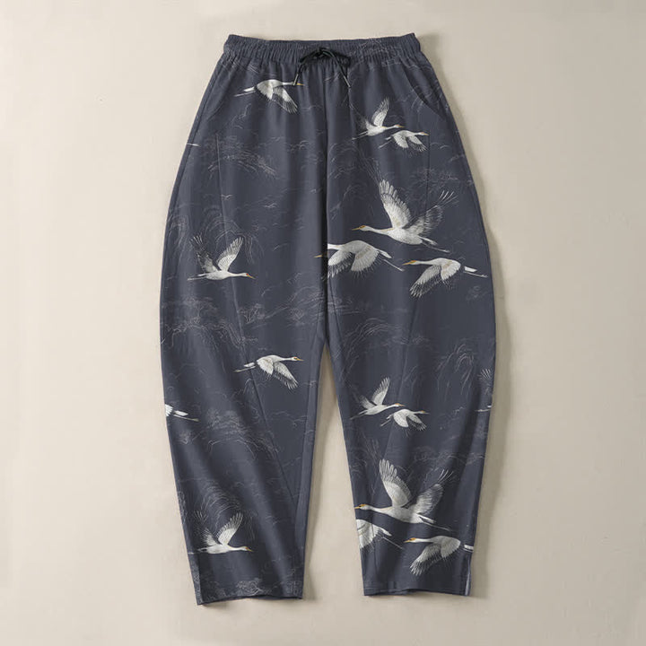 Buddha Stones Pantalon fuselé pour homme en pur coton blanc à motif de pin grue, cordon de serrage et poches - image 13