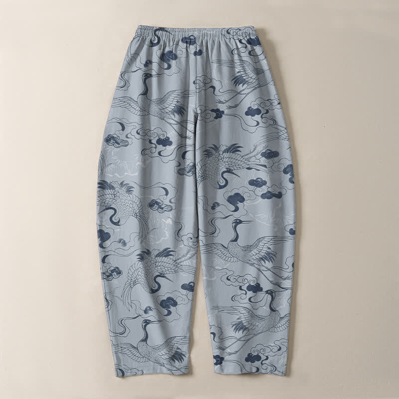 Buddha Stones Pantalon fuselé pour homme en pur coton, motif grues et nuages, avec cordon de serrage et poches. - image 3