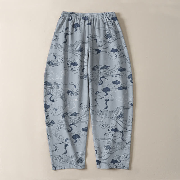 Buddha Stones Pantalon fuselé pour homme en pur coton, motif grues et nuages, avec cordon de serrage et poches. - image 3