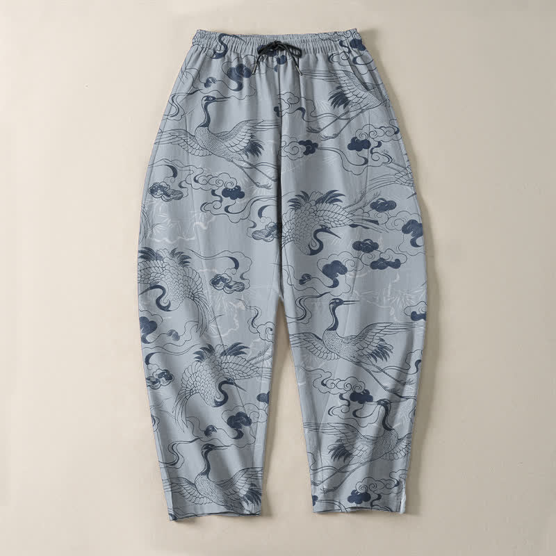 Buddha Stones Pantalon fuselé pour homme en pur coton, motif grues et nuages, avec cordon de serrage et poches. - image 2