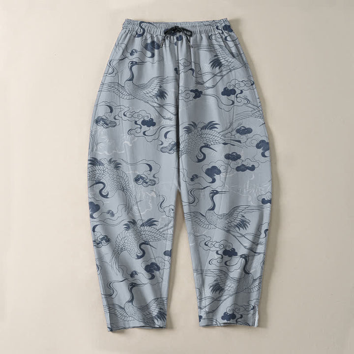Buddha Stones Pantalon fuselé pour homme en pur coton, motif grues et nuages, avec cordon de serrage et poches. - image 2