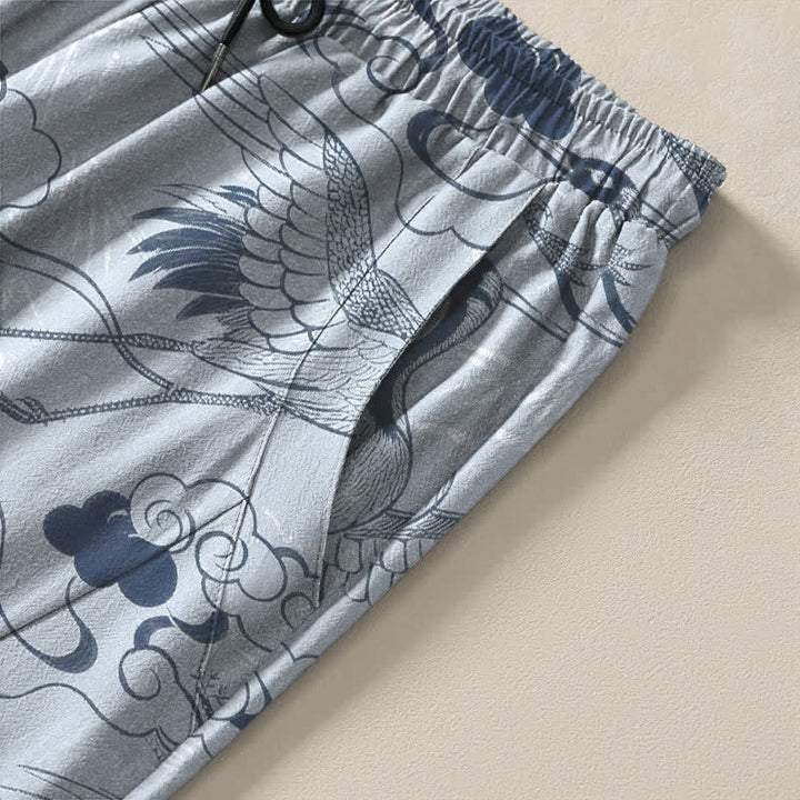 Buddha Stones Pantalon fuselé pour homme en pur coton, motif grues et nuages, avec cordon de serrage et poches. - image 4