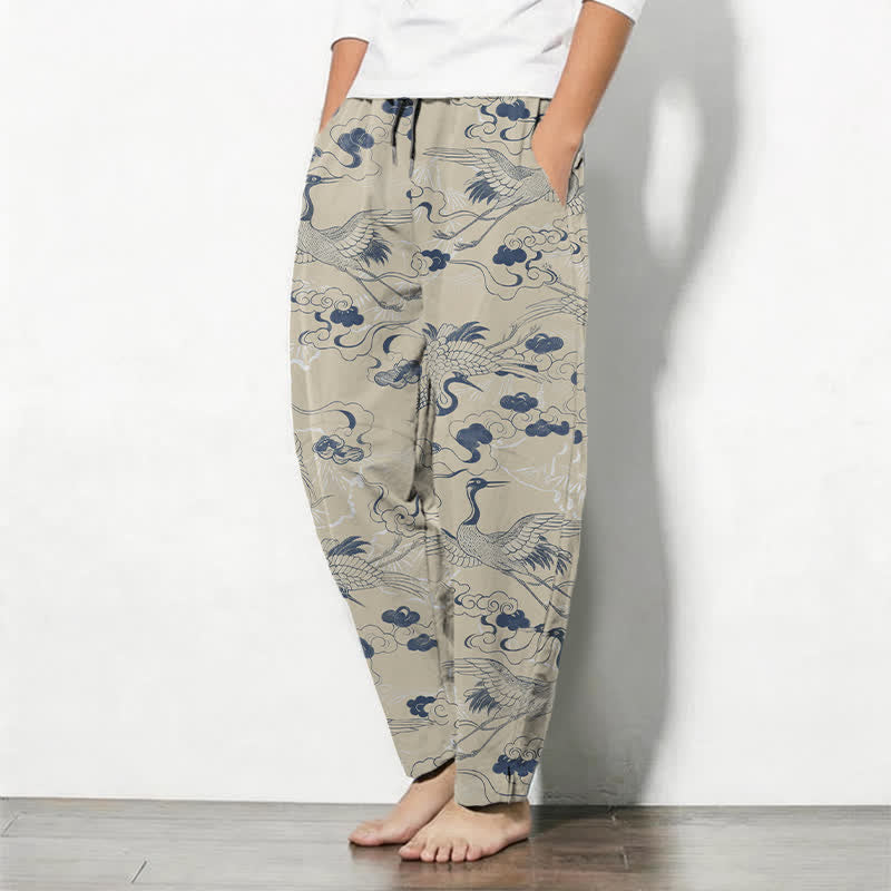 Buddha Stones Pantalon fuselé pour homme en pur coton, motif grues et nuages, avec cordon de serrage et poches. - image 8