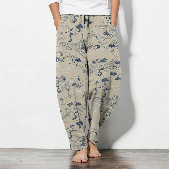 Buddha Stones Pantalon fuselé pour homme en pur coton, motif grues et nuages, avec cordon de serrage et poches. - Beige - US/UK/AU50，EU60 (5XL) - image 7