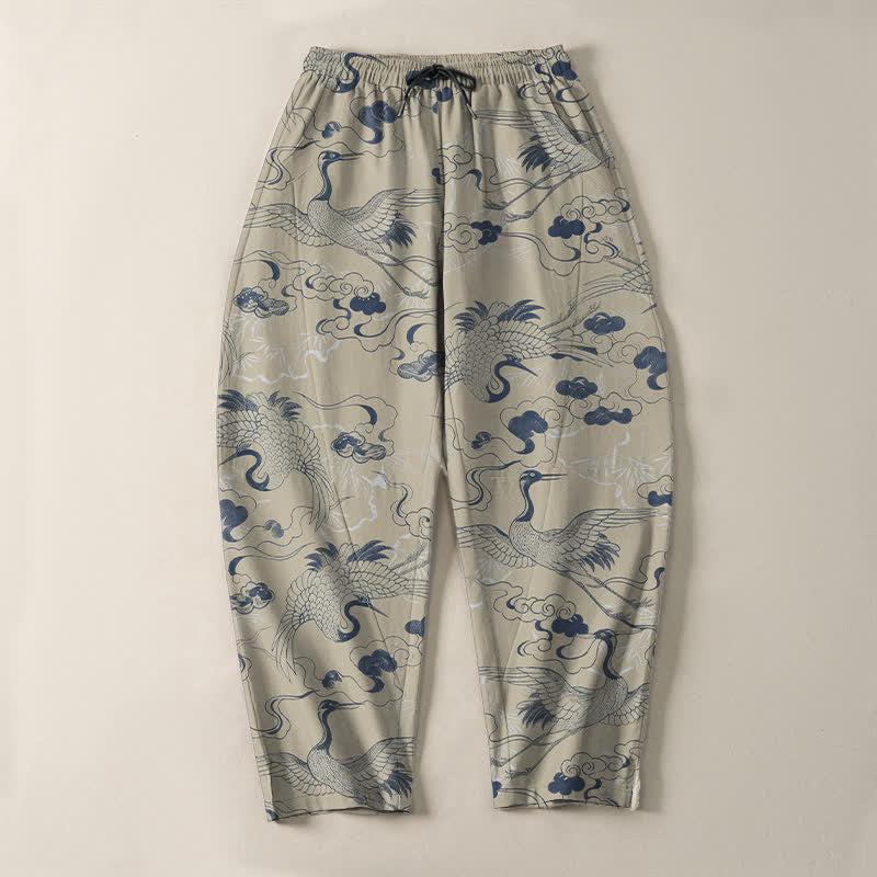Buddha Stones Pantalon fuselé pour homme en pur coton, motif grues et nuages, avec cordon de serrage et poches. - image 9