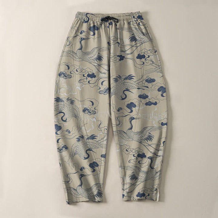 Buddha Stones Pantalon fuselé pour homme en pur coton, motif grues et nuages, avec cordon de serrage et poches. - image 9