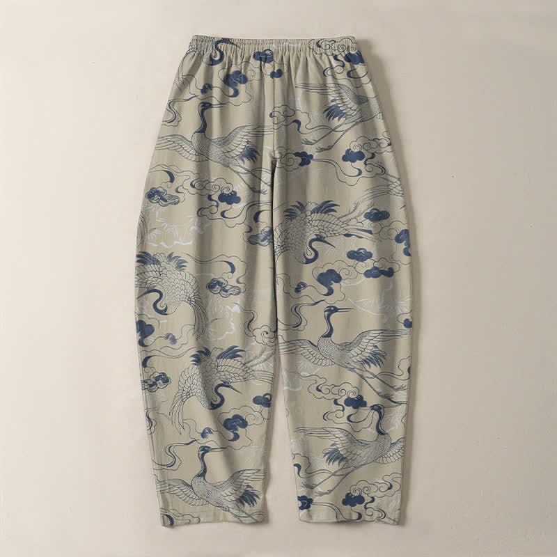 Buddha Stones Pantalon fuselé pour homme en pur coton, motif grues et nuages, avec cordon de serrage et poches. - image 10