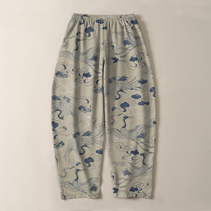Buddha Stones Pantalon fuselé pour homme en pur coton, motif grues et nuages, avec cordon de serrage et poches. - image 10