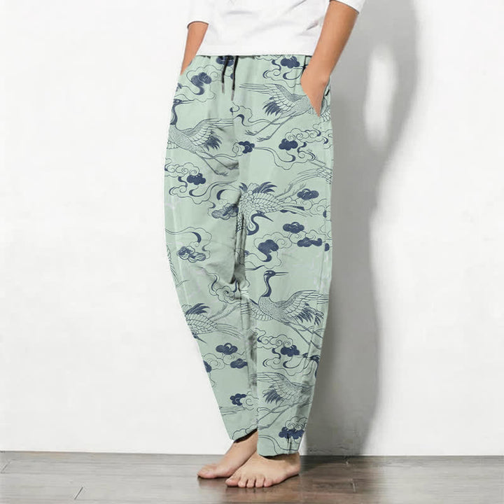 Buddha Stones Pantalon fuselé pour homme en pur coton, motif grues et nuages, avec cordon de serrage et poches. - image 12