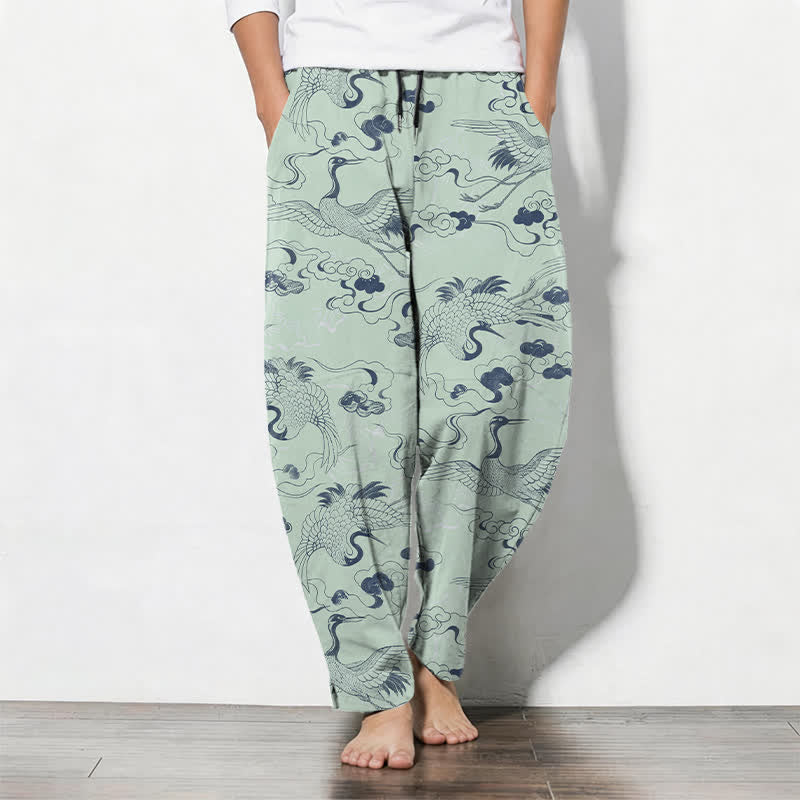 Buddha Stones Pantalon fuselé pour homme en pur coton, motif grues et nuages, avec cordon de serrage et poches. - Vert pâle - US/UK/AU50，EU60 (5XL) - image 11