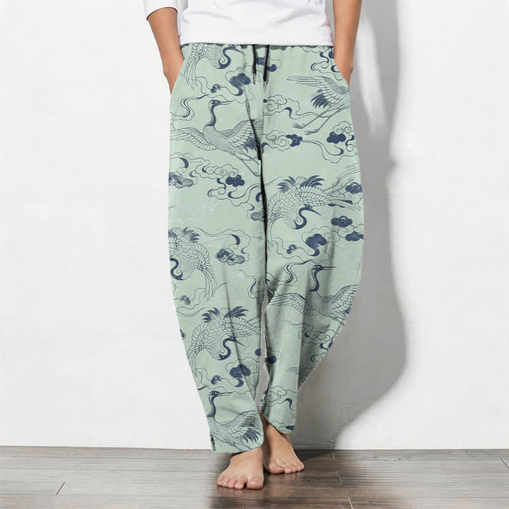 Buddha Stones Pantalon fuselé pour homme en pur coton, motif grues et nuages, avec cordon de serrage et poches. - Vert pâle - US/UK/AU50，EU60 (5XL) - image 11