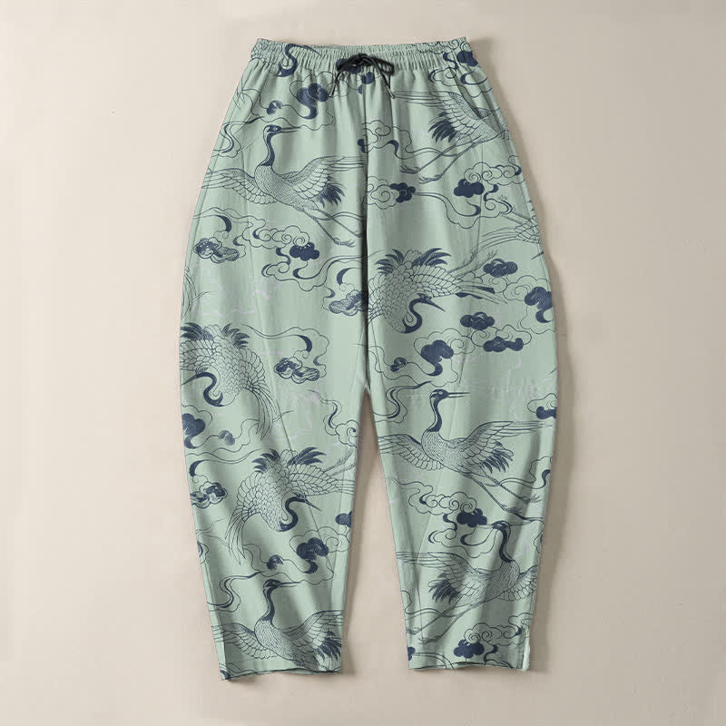Buddha Stones Pantalon fuselé pour homme en pur coton, motif grues et nuages, avec cordon de serrage et poches. - image 13