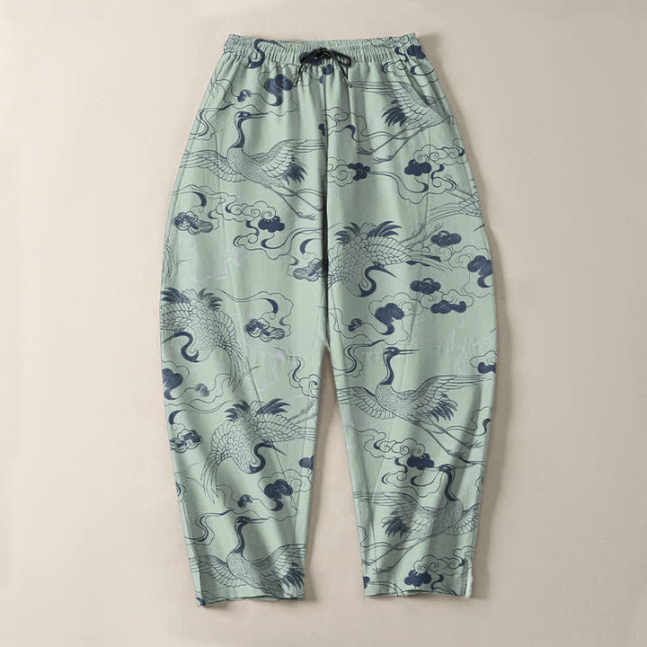 Buddha Stones Pantalon fuselé pour homme en pur coton, motif grues et nuages, avec cordon de serrage et poches. - image 13
