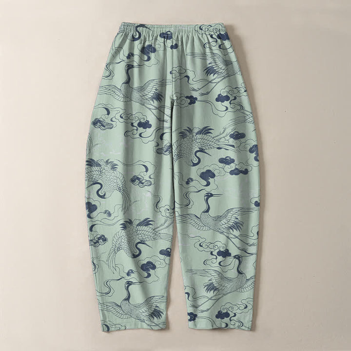 Buddha Stones Pantalon fuselé pour homme en pur coton, motif grues et nuages, avec cordon de serrage et poches. - image 14