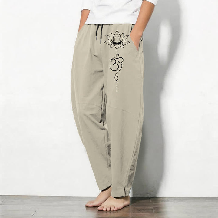 Buddha Stones Pantalon fuselé pour homme en pur coton, motif lotus Om, cordon de serrage et poches - image 1