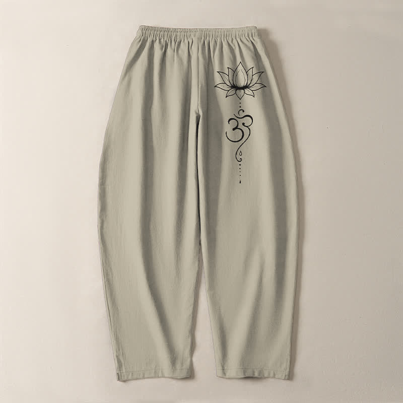 Buddha Stones Pantalon fuselé pour homme en pur coton, motif lotus Om, cordon de serrage et poches - image 3