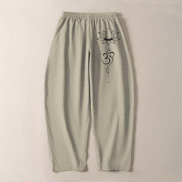 Buddha Stones Pantalon fuselé pour homme en pur coton, motif lotus Om, cordon de serrage et poches - image 3