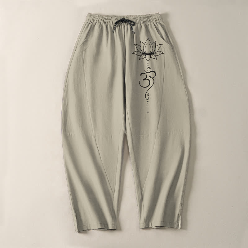 Buddha Stones Pantalon fuselé pour homme en pur coton, motif lotus Om, cordon de serrage et poches - image 2