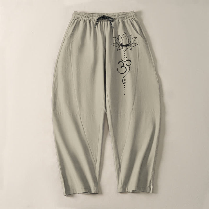 Buddha Stones Pantalon fuselé pour homme en pur coton, motif lotus Om, cordon de serrage et poches - image 2