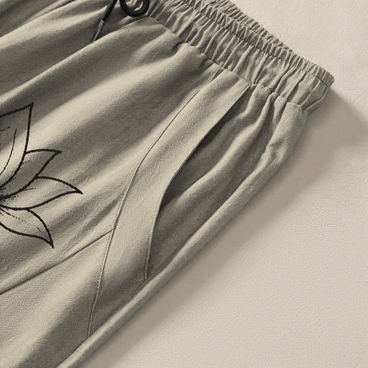 Buddha Stones Pantalon fuselé pour homme en pur coton, motif lotus Om, cordon de serrage et poches - image 4