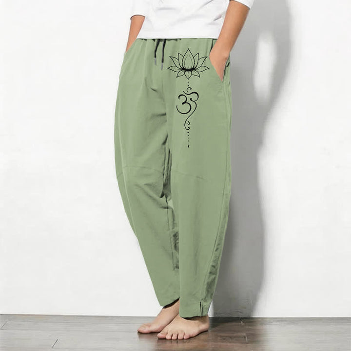 Buddha Stones Pantalon fuselé pour homme en pur coton, motif lotus Om, cordon de serrage et poches - image 8
