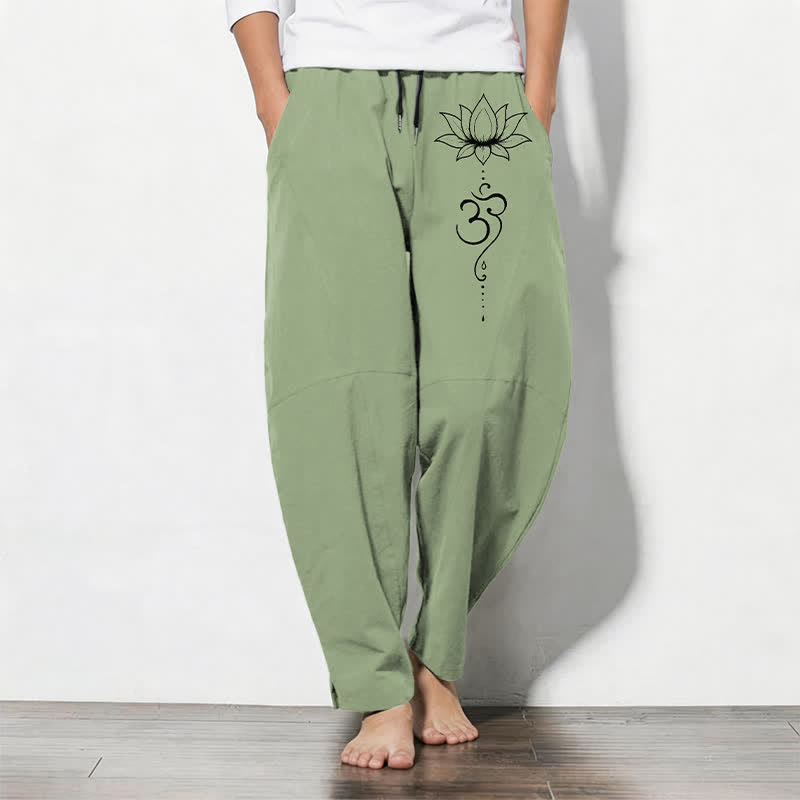 Buddha Stones Pantalon fuselé pour homme en pur coton, motif lotus Om, cordon de serrage et poches - Vert pâle - US/UK/AU50，EU60 (5XL) - image 7