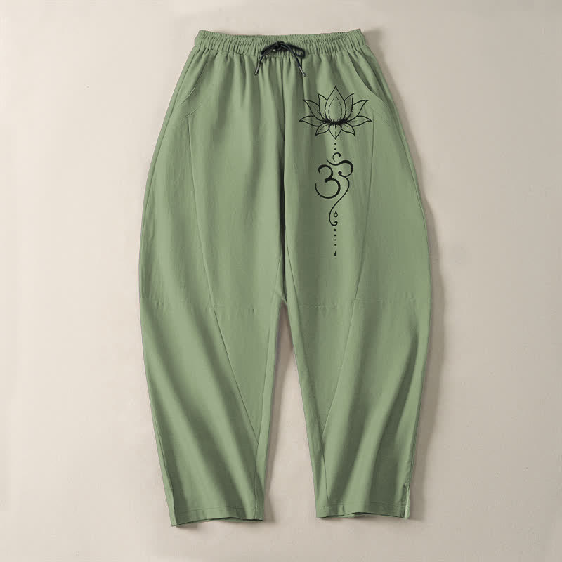 Buddha Stones Pantalon fuselé pour homme en pur coton, motif lotus Om, cordon de serrage et poches - image 9