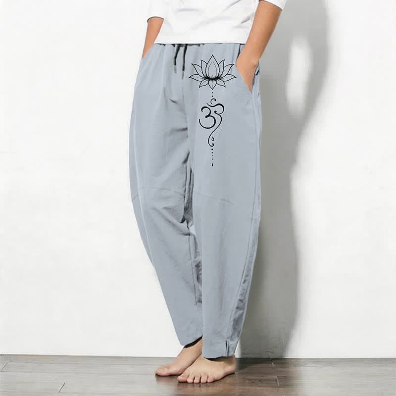 Buddha Stones Pantalon fuselé pour homme en pur coton, motif lotus Om, cordon de serrage et poches - image 12