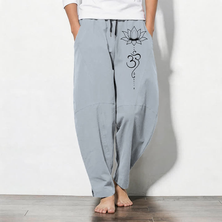 Buddha Stones Pantalon fuselé pour homme en pur coton, motif lotus Om, cordon de serrage et poches - Bleu acier clair - US/UK/AU50，EU60 (5XL) - image 11